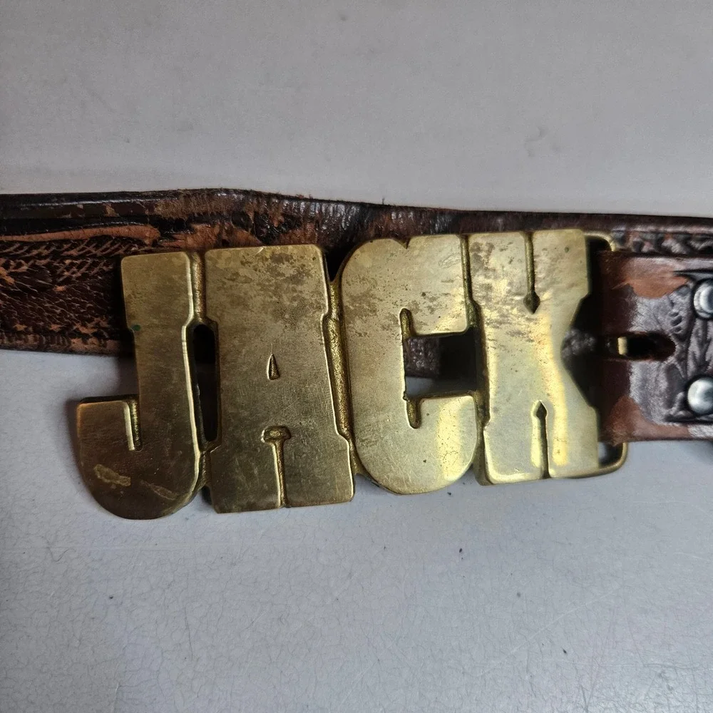 Vintage Jack Brass Buckle Tooled Leather Eagle Belt Brown Western 40 Inch KM627